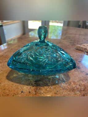 Hazel-Atlas “Capri Blue” Pinwheel Pressed Glass Triangle Covered Dish. MCM 1950